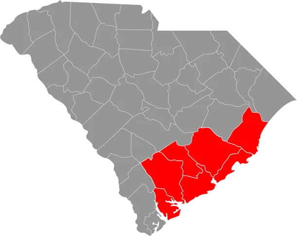 Gray South Carolina map showing red service area.