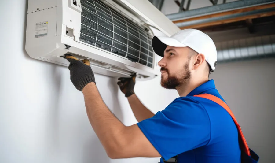 HVAC tech in white hat performing installation.